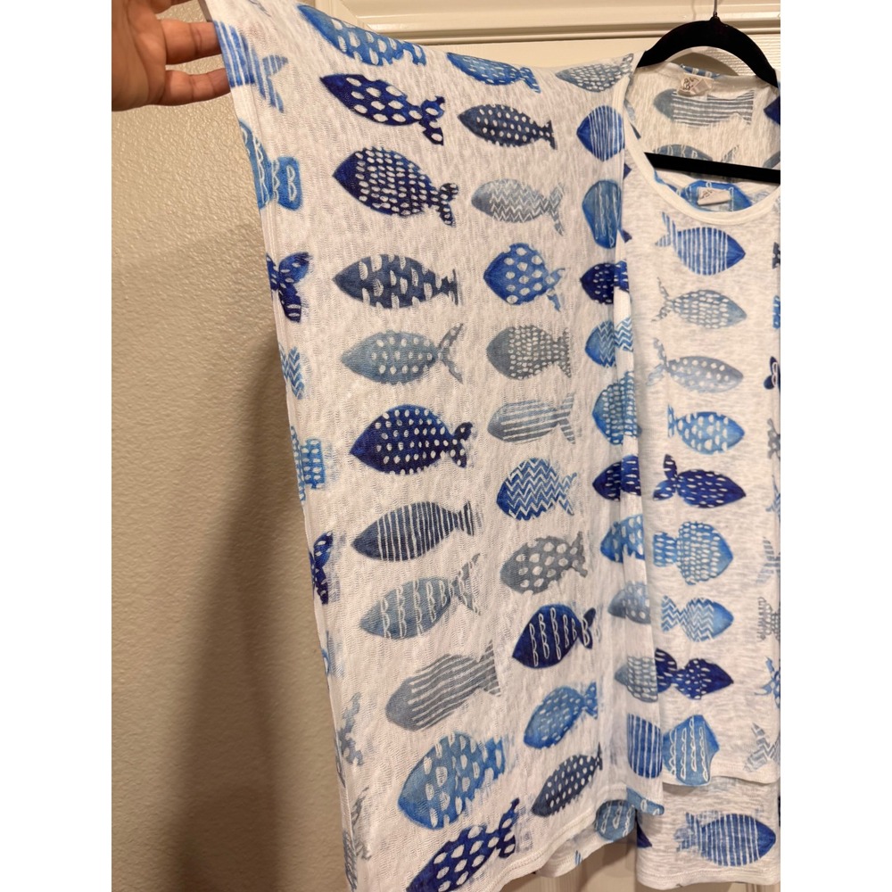 #B13 ET LOIS Tank Top and Kimono shawl Set Medium White Blue Fish Print 2pc - Picture 2 of 11